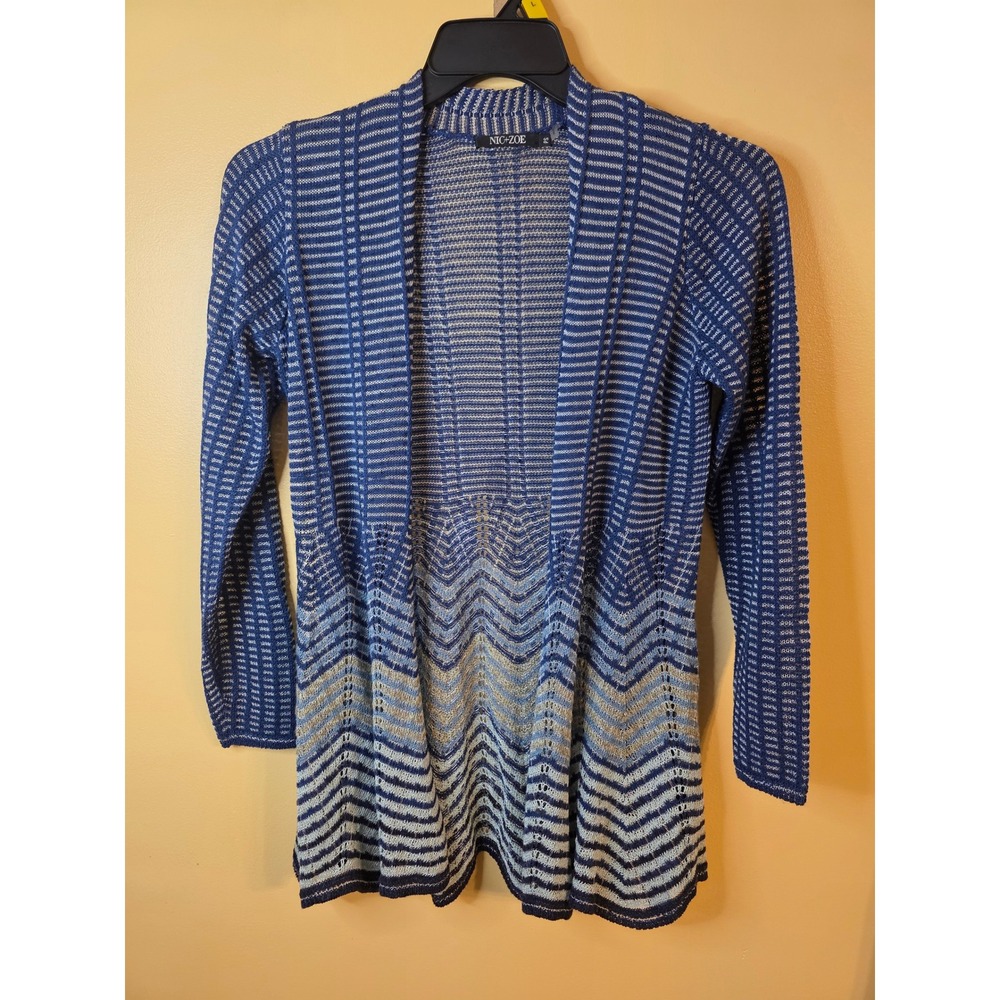 Nic+Zoe Blue Striped Chevron Open Front Cardigan Sweater Petite Small PS